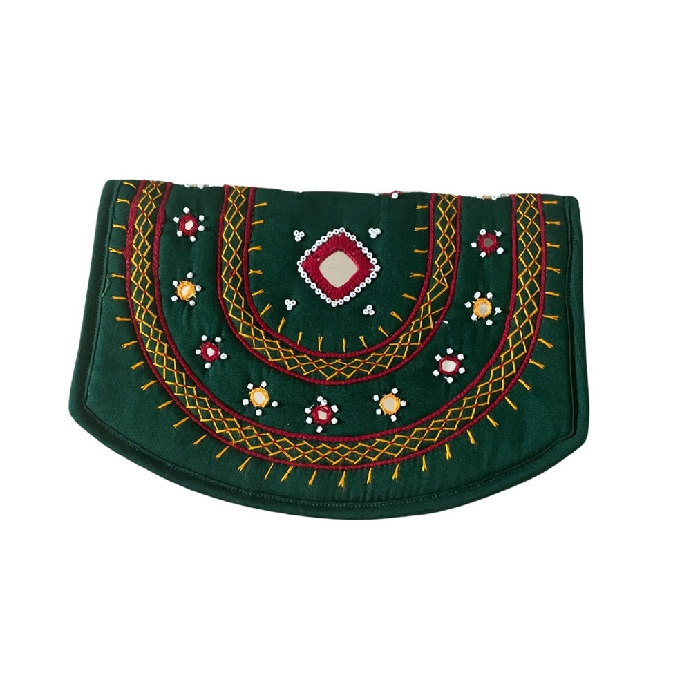 Handcrafted Banjara Embroidered Clutch with Mirrors & Beads - Green
